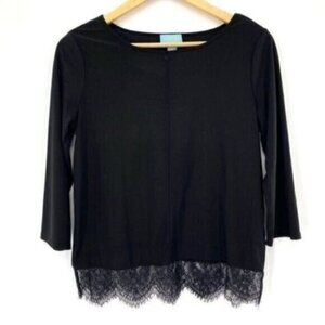 Cece Womens  Black Lace Trim Quarter Sleeve Vamp Top